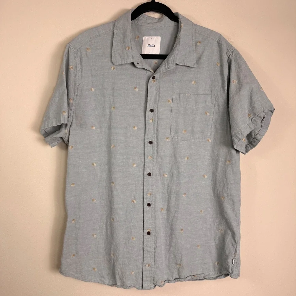 Katin Mens Leo Button Up Short Sleeve Shirt Light Blue Cotton Linen Embroider XL